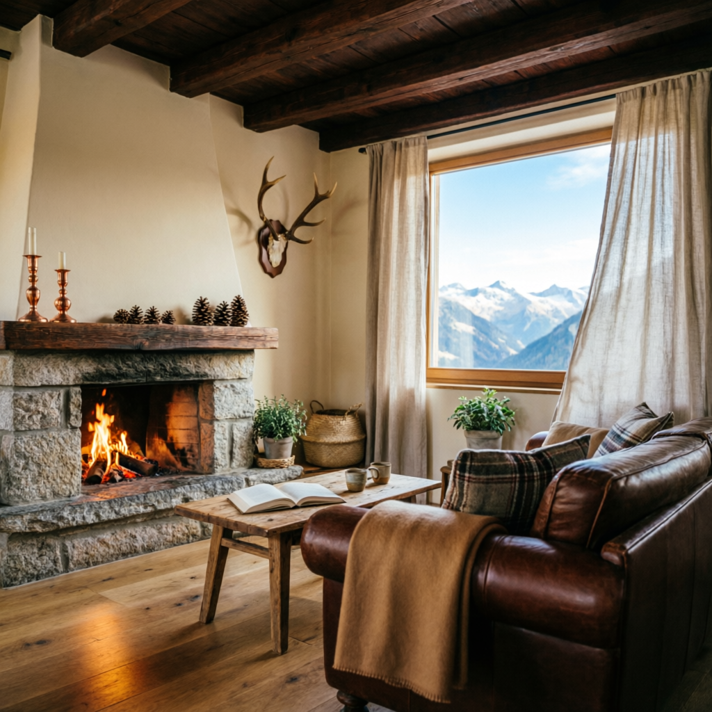 Gemütliches Wohnzimmer mit Bergblick